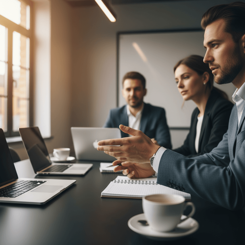 Réunion de comité de direction PME analysant les critères de sélection d'un logiciel de facturation électronique conforme 2026